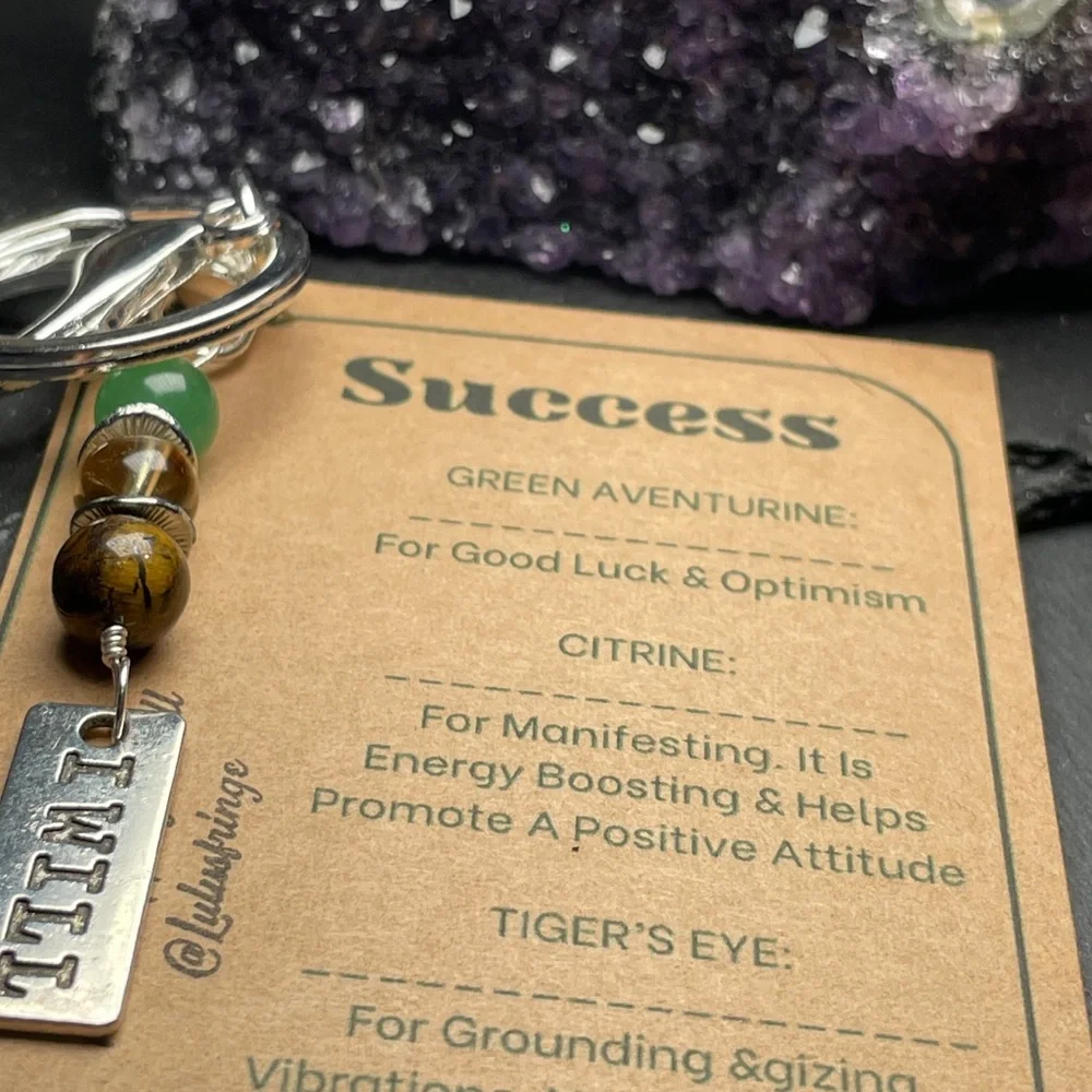 Success Crystal Guide Card And Green Aventurine Citrine And Tigers Eye Keychain